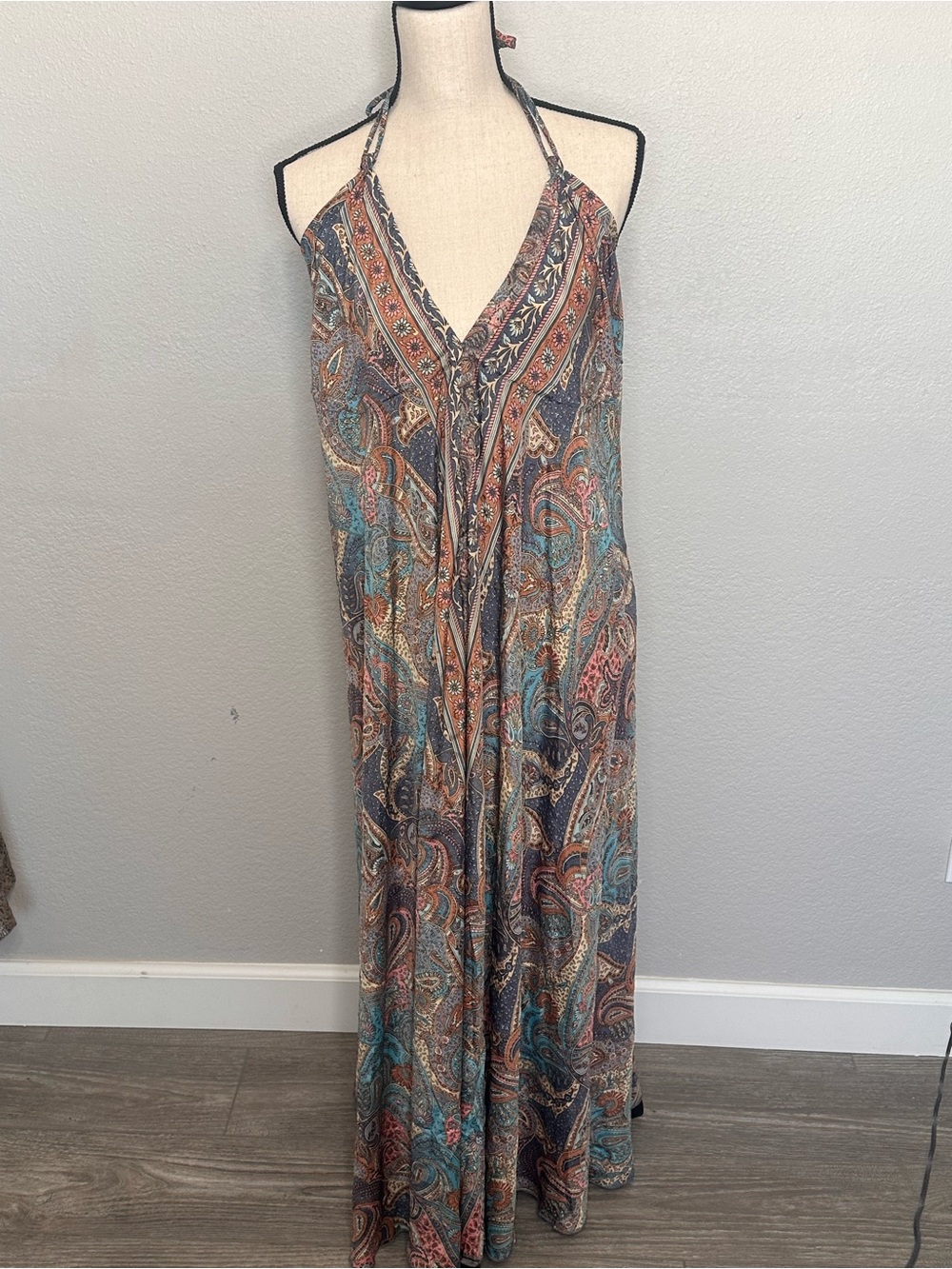 Paisley Halter Maxi Dress in Multi-Color Adjustable Straps One Size